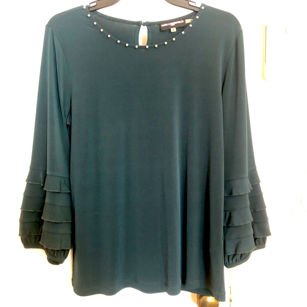 NWOT! Karl Lagerfeld Blouse with Studded Neckline & Ruffle Sleeves